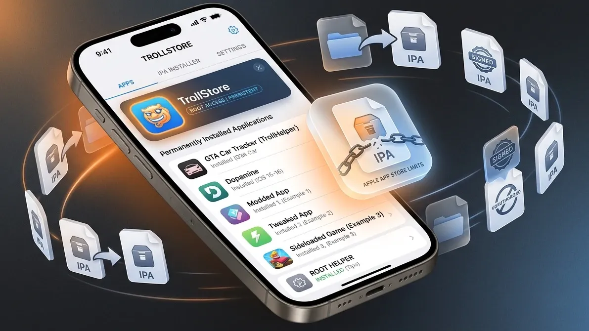 iPhone displaying TrollStore permanent sideloading with floating unsigned apps in a futuristic Apple-inspired interface